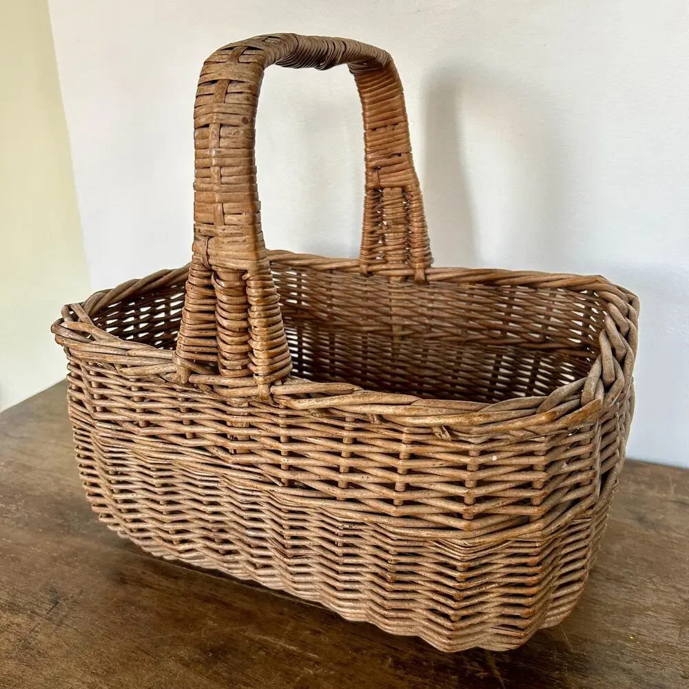 Vintage Rustic Gathering Wicker Basket with Handle | Primitive Cottagecore